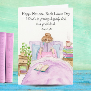 Cartão Feliz Dia dos Amantes de Livros Mulher 9 de Agosto