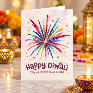 Cartão Feliz Diwali Colorido Fogos de Água Pintura aquare