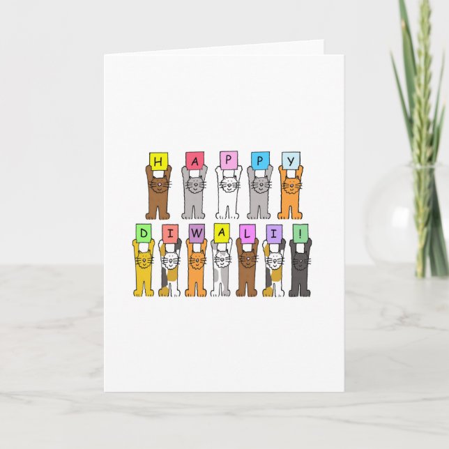 Cartão Feliz Diwali Cute Cartoon Cats (Frente)