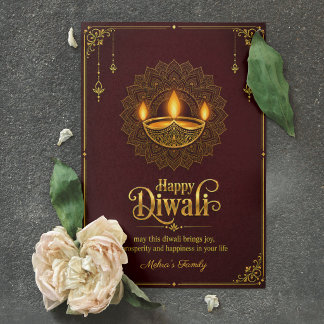 Cartão Feliz Diwali Elegante Diya Mandala Borgonha