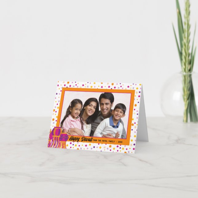 Cartão Feliz Diwali Foto Colorida Lanterna Púrpura Rosa R (Frente)