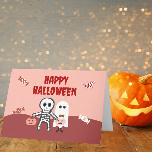 Cartão Feliz esqueleto bonitinho de Halloween e fantasma