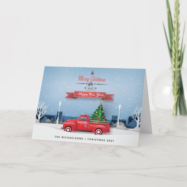 Cartão Feliz Feliz ano novo de Natal | Caminhão Vermelho  (Frente)