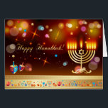 Cartão Feliz Festival de Luzes de Férias Hanukkah<br><div class="desc">Feliz Hanukkah Belo Cartão de Cartões de natal Judeu. Antecedentes judaicos Holiday Hanukkah com símbolos tradicionais Chanukah - sonhos de madeira (rodando topo), rosquinhas, menorah, velas, estrela de David e padrão de papel de parede luminoso brilhante. Decoração do Festival Chanucá. Jerusalém, Israel. Convites e papelaria, Cartões de saudação, Férias e...</div>
