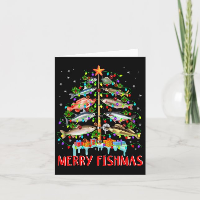 Cartão Feliz Fishmas Engraçado Árvore de Natal Luzes de P (Frente)