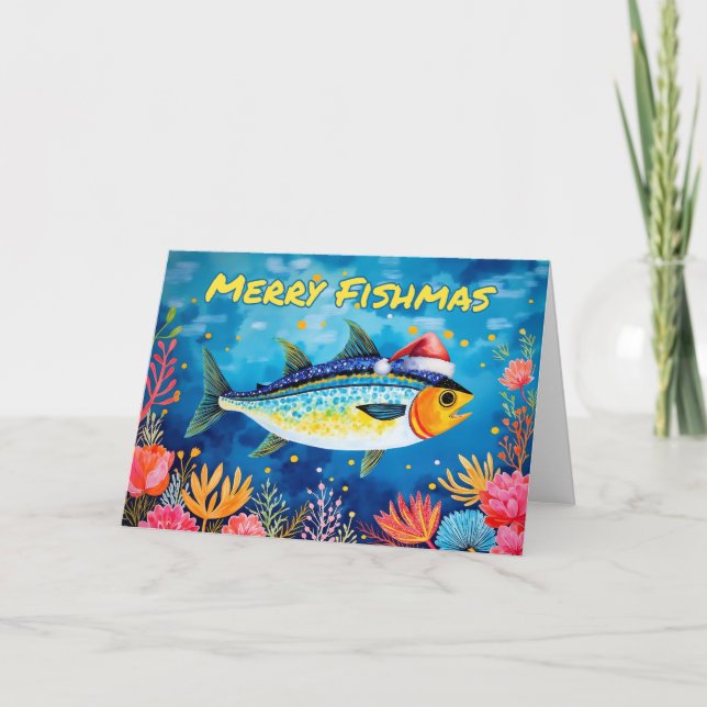 Cartão Feliz Fishmas Natal Aquarela (Frente)