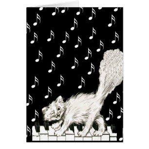 Cartão Feliz Gato Branco Vencedor nas Notas de Música das