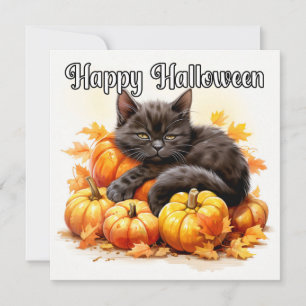 Cartão Feliz Gato Gatinho Preto Sonolento do Halloween