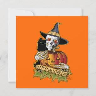 Cartão Feliz Gato Negro de Halloween, Crânio e Abóbora