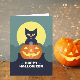 Cartão Feliz Gato Negro de Halloween e Abóbora