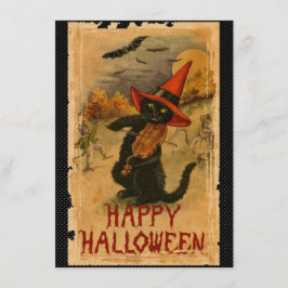 Cartão Feliz Gato Negro De Halloween Jogando Bats