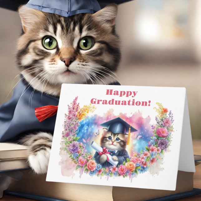 Cartão Feliz Graduação Com Pequeno Gatinho! (Paws-itively purr-fect: Celebrate graduation with feline flair and floral charm!)