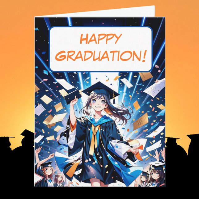 Cartão Feliz Graduação, Garota De Animação Em Boné E Palh (Happy Graduation Anime!! Celebrate in style!)