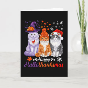 Cartão Feliz Hallothanksmas Gatos Dia das Bruxas Ação de