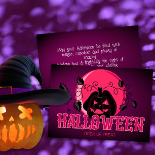 Cartão Feliz Halloween Assustador Pumpkin e Lua Rosa Púrp