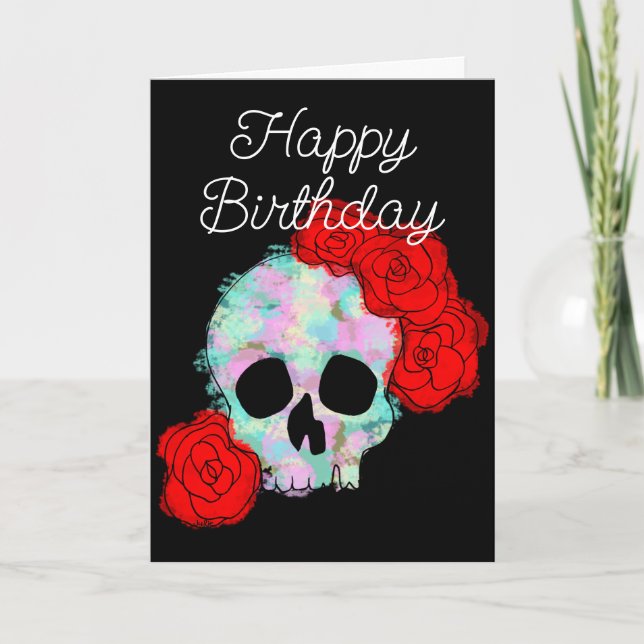 Cartão Feliz Halloween Birthday Skull com Rosas (Frente)