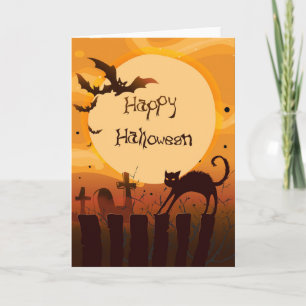 Cartão Feliz Halloween Black Cat and Bats