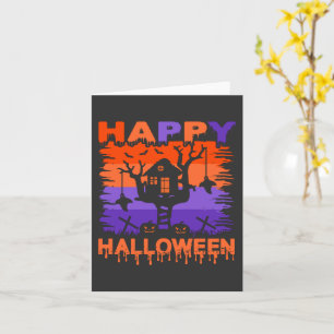 Cartão Feliz Halloween Casa na Árvore Roxa e Laranja