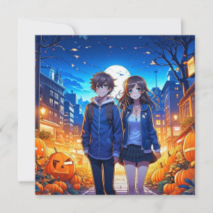 Cartão Feliz Halloween Casal de Anime de mãos dadas