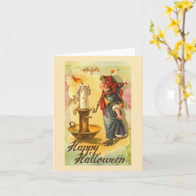 Cartão Feliz Halloween Castiçal e Menina Vintage (Flor Amarela)
