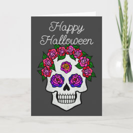 Cartão Feliz Halloween Caveira Arco-íris com Rosas