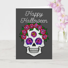 Cartão Feliz Halloween Caveira Arco-íris com Rosas