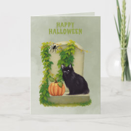 Cartão Feliz Halloween com Gato Preto no Túmulo