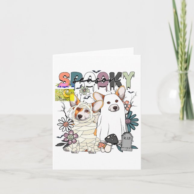 Cartão Feliz Halloween Corgi Ghost Spooky Season Fall Aut (Frente)