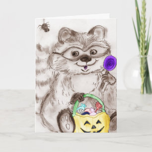 Cartão Feliz Halloween Costumed Raccoon