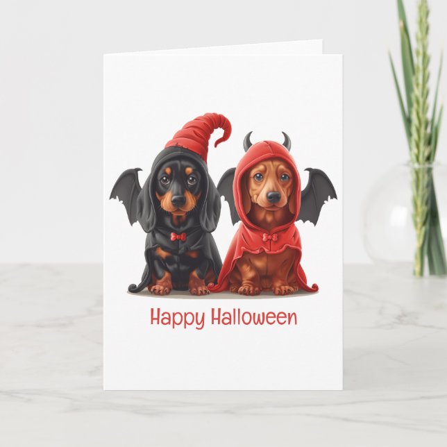 Cartão Feliz Halloween Dachshund Dogs Devil Bat (Frente)