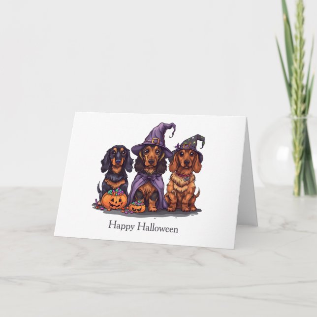 Cartão Feliz Halloween Dachshund Witch Dogs (Frente)
