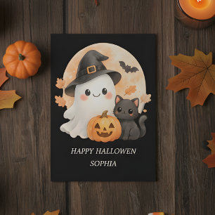 Cartão Feliz Halloween de Fantasminha Fofo e Gato