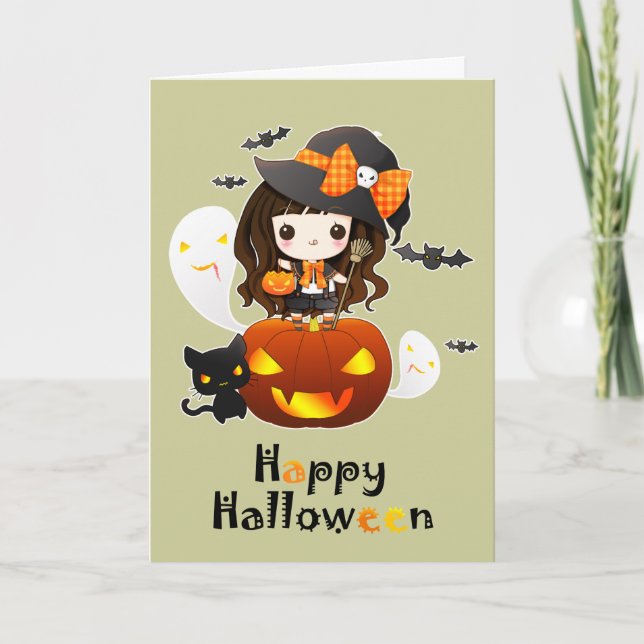 Cartão Feliz Halloween de Kawaii (Frente)