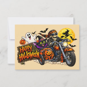 Cartão Feliz Halloween de Motoqueiro Esqueleto Assustador