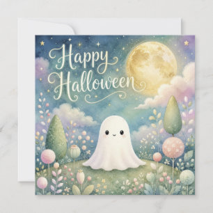 Cartão Feliz Halloween Fantasma Fofo Jardim Pastel
