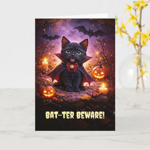Cartão Feliz Halloween Gatinho Vampiro Fofo com Morcegos