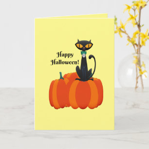 Cartão Feliz Halloween, gato preto/abóbora,