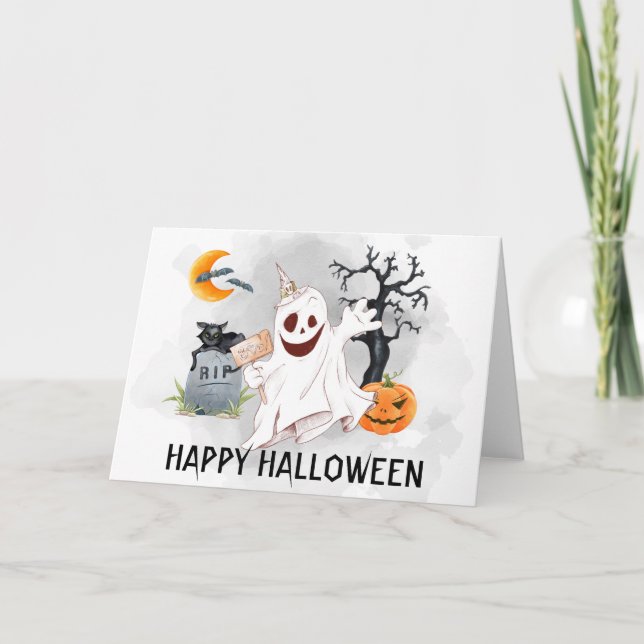 Cartão Feliz Halloween Ghost Watercolor (Frente)