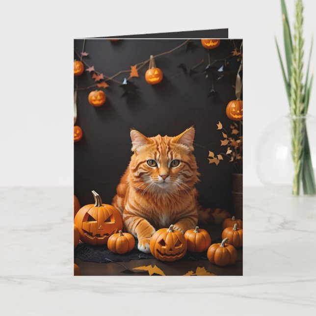 Cartão Feliz Halloween Ginger Cat e Pumpkins Holiday (Frente)