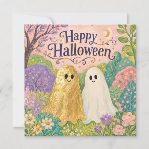 Cartão Feliz Halloween Jardim de Flores Fantasma Fofinho
