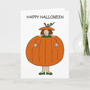Cartão Feliz Halloween Lady em Figurino de Abóbora