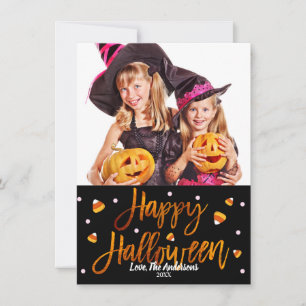 Cartão Feliz Halloween Laranja Moderno Script Foto em Fol