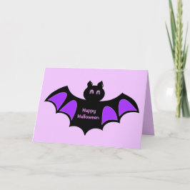 Cartão Feliz Halloween Morcego Preto em Saudações Violeta