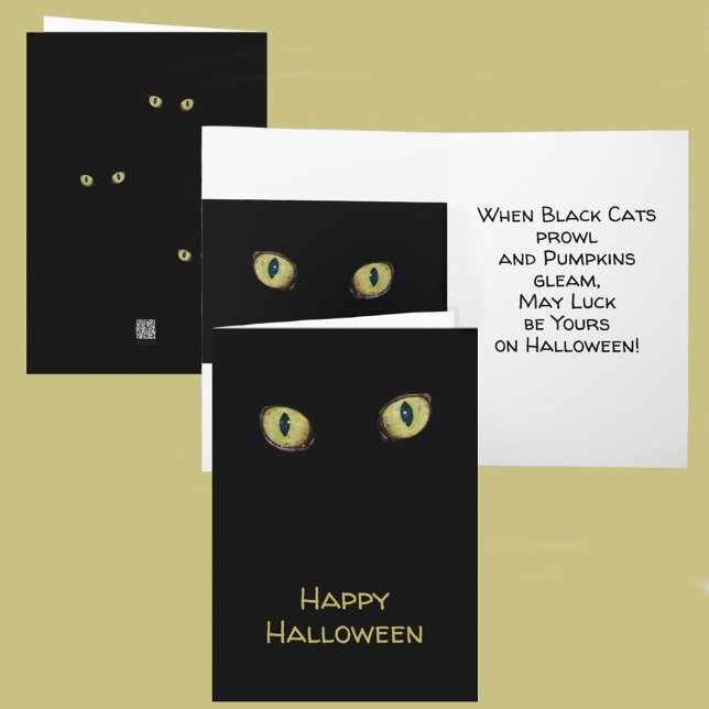 Cartão Feliz Halloween Olhos de Gato Amarelo Fotográfico  (Criador carregado)