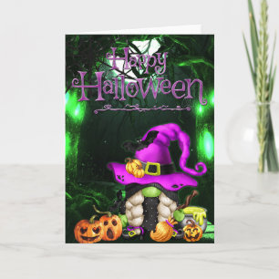 Cartão Feliz Halloween Pequena Bruxa Gnomo