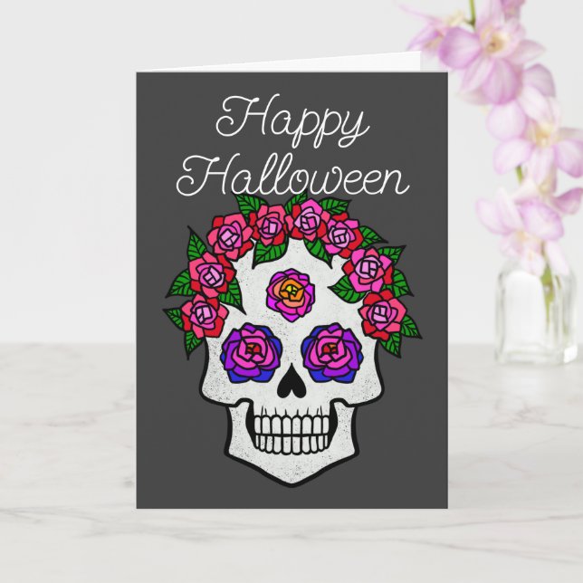 Cartão Feliz Halloween Rainbow Skull com Rosas (Orquídea)