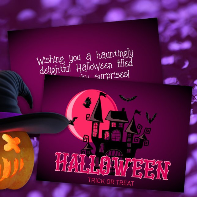 Cartão Feliz Halloween Scary Castle Bats and Moon (Criador carregado)