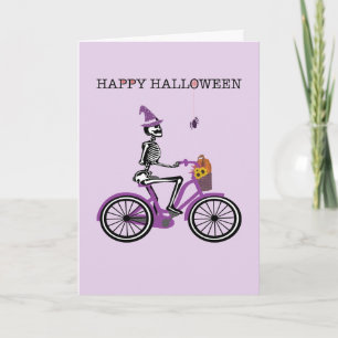 Cartão Feliz Halloween Skeleton Riding Bike