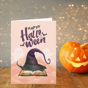 Cartão Feliz Halloween Watercolor Witold Hat e Spellbook