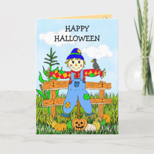 Cartão Feliz Halloween Whimscarecrow e Pumpkins